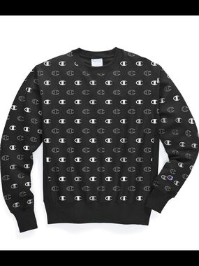 Champion Black Crewneck with Allover White Logo Pattern